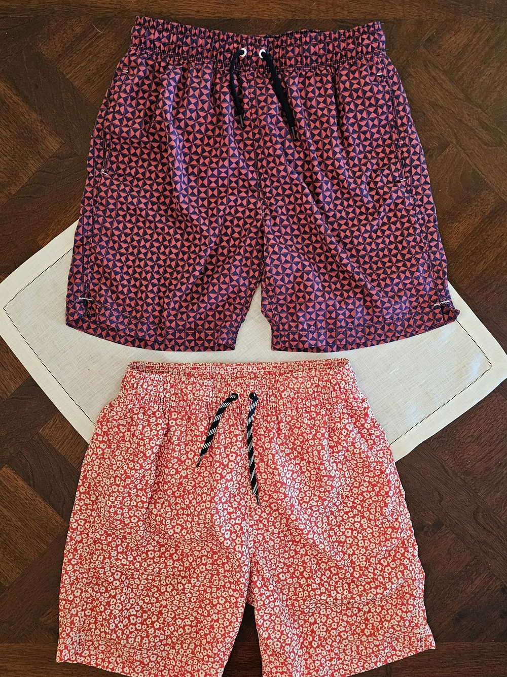 Pair of J Crew Crewcuts Boys Swim Shorts Red Geometric/ Floral with Pockets 14